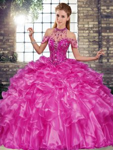 Sleeveless Organza Floor Length Lace Up Vestidos de Quinceanera in Fuchsia with Beading and Ruffles