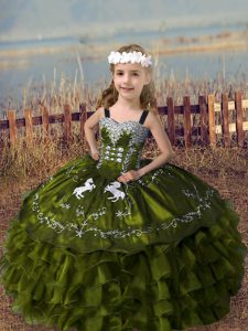 Popular Olive Green Lace Up Girls Pageant Dresses Embroidery and Ruffled Layers Sleeveless Floor Length