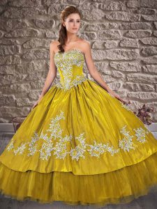 Custom Fit Taffeta Strapless Sleeveless Lace Up Appliques 15 Quinceanera Dress in Gold
