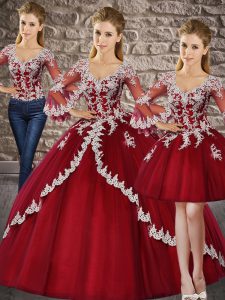 Free and Easy Wine Red 3 4 Length Sleeve Lace Floor Length Quinceanera Gown