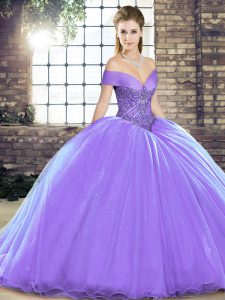 High Class Lavender Organza Lace Up Sweet 16 Quinceanera Dress Sleeveless Brush Train Beading