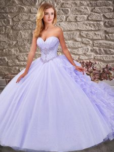 Lavender Ball Gowns Organza and Tulle Sweetheart Sleeveless Beading and Ruffles Lace Up Ball Gown Prom Dress Court Train
