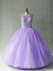 Beautiful Sleeveless Tulle Floor Length Lace Up 15 Quinceanera Dress in Lavender with Beading
