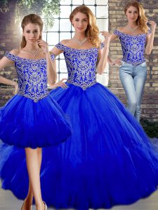 Three Pieces Quinceanera Dresses Royal Blue Off The Shoulder Tulle Sleeveless Floor Length Lace Up