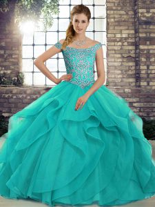 Aqua Blue Ball Gowns Beading and Ruffles Quinceanera Gowns Lace Up Tulle Sleeveless
