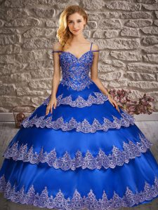 Royal Blue Straps Neckline Appliques and Ruffled Layers Sweet 16 Dresses Sleeveless Lace Up