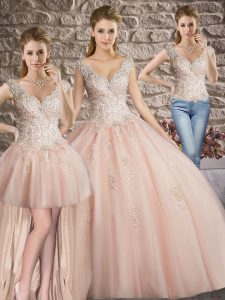 Low Price Pink Three Pieces V-neck Sleeveless Tulle Floor Length Lace Up Appliques Quinceanera Gown