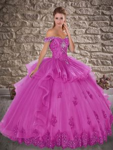 Tulle Off The Shoulder Sleeveless Lace Up Beading and Lace Quinceanera Gowns in Fuchsia