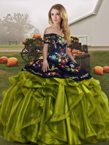 Glorious Off The Shoulder Sleeveless Lace Up Quinceanera Gowns Olive Green Organza