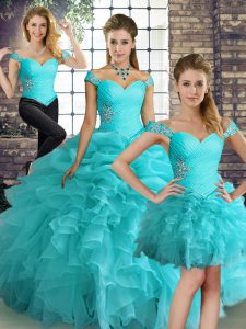 Sophisticated Beading and Ruffles and Pick Ups Quince Ball Gowns Aqua Blue Lace Up Sleeveless Floor Length
