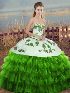 Green Sleeveless Floor Length Embroidery and Ruffled Layers and Bowknot Lace Up Sweet 16 Dress