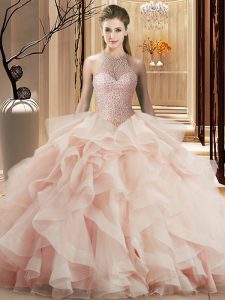 Excellent Sleeveless Beading and Ruffles Lace Up 15th Birthday Dress with Pink Brush Train