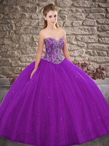 Fashion Sleeveless Tulle Floor Length Lace Up Sweet 16 Quinceanera Dress in Purple with Beading