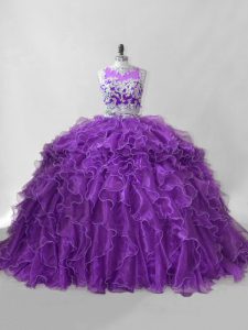 Free and Easy Zipper Quinceanera Dresses Purple for Sweet 16 and Quinceanera with Beading and Ruffles Brush Train