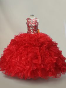 Floor Length Red Vestidos de Quinceanera Scoop Sleeveless Lace Up