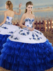 High End Royal Blue Lace Up Quinceanera Dress Embroidery and Ruffled Layers Sleeveless Floor Length