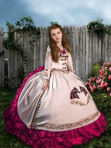 Luxurious Straps Sleeveless Satin and Organza Pageant Gowns For Girls Embroidery and Ruffles Sweep Train Lace Up