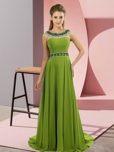 Sexy Olive Green Empire Chiffon Scoop Sleeveless Beading Zipper Dress for Prom Brush Train
