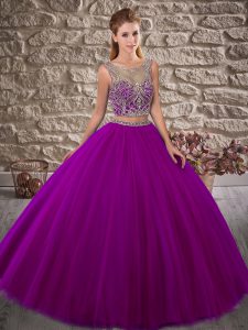 Inexpensive Purple Two Pieces Scoop Sleeveless Tulle Brush Train Lace Up Beading 15th Birthday Dress