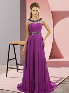 Beauteous Zipper Party Dress for Toddlers Purple for Prom and Party with Beading Brush Train
