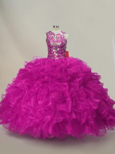 On Sale Fuchsia Scoop Neckline Ruffles and Sequins Ball Gown Prom Dress Sleeveless Lace Up