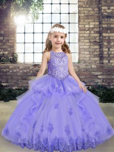Lavender Ball Gowns Beading and Appliques Little Girl Pageant Gowns Lace Up Tulle Sleeveless Floor Length