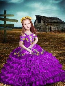 Organza Off The Shoulder Short Sleeves Lace Up Embroidery and Ruffled Layers Glitz Pageant Dress in Purple