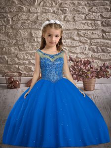 Blue Tulle Lace Up Scoop Sleeveless Floor Length Little Girls Pageant Dress Wholesale Beading