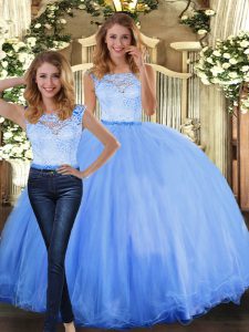 Sleeveless Floor Length Lace Clasp Handle Quince Ball Gowns with Blue