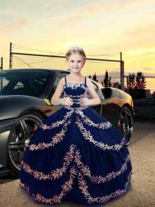 Custom Made Floor Length Ball Gowns Sleeveless Navy Blue Pageant Gowns For Girls Lace Up