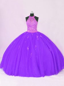 Ball Gowns Quinceanera Gowns Purple Halter Top Organza Sleeveless Floor Length Lace Up