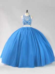Suitable Floor Length Blue Sweet 16 Dress Tulle Sleeveless Beading