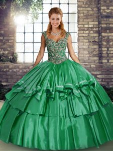 Comfortable Green Lace Up Quinceanera Dress Beading and Ruffled Layers Sleeveless Floor Length