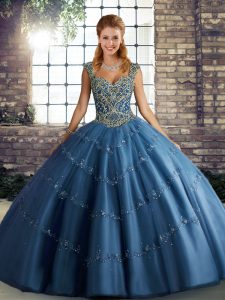 Eye-catching Blue Lace Up Quince Ball Gowns Beading and Appliques Sleeveless Floor Length