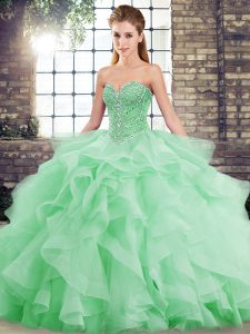 Cheap Tulle Sweetheart Sleeveless Brush Train Lace Up Beading and Ruffles 15th Birthday Dress in Green