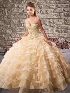 Sleeveless Beading and Ruffled Layers Lace Up Sweet 16 Quinceanera Dress with Champagne Brush Train