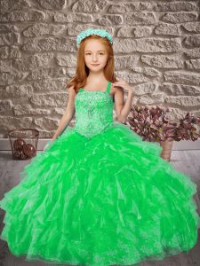 Straps Sleeveless Pageant Dress Womens Brush Train Beading and Ruffles Green Organza and Lace
