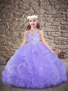 Lavender Lace Up Straps Beading and Ruffles Girls Pageant Dresses Tulle Sleeveless Sweep Train