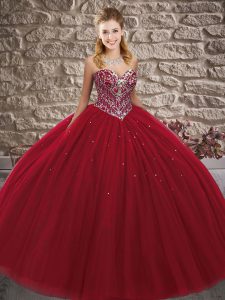 Custom Design Wine Red Sweetheart Lace Up Beading Sweet 16 Dresses Sleeveless