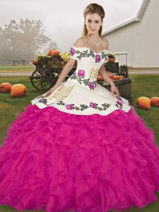 Great Off The Shoulder Sleeveless Organza Sweet 16 Quinceanera Dress Embroidery and Ruffles Lace Up