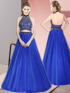 Royal Blue Two Pieces Tulle Halter Top Sleeveless Beading Floor Length Backless Evening Dress