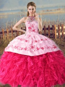Stylish Sleeveless Embroidery and Ruffles Lace Up 15th Birthday Dress with Hot Pink Court Train
