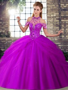 Sleeveless Brush Train Beading and Pick Ups Lace Up 15th Birthday Dress