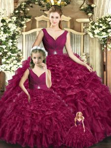 Top Selling Burgundy Ball Gowns Organza V-neck Sleeveless Beading and Ruffles Floor Length Backless 15 Quinceanera Dress