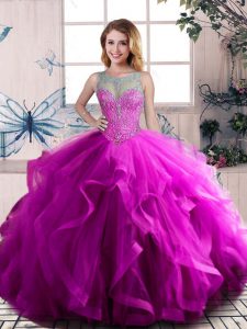 Eye-catching Floor Length Lace Up Quinceanera Gowns Purple for Sweet 16 and Quinceanera with Beading and Ruffles