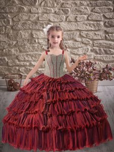 Sleeveless Floor Length Beading and Ruffled Layers Lace Up Little Girl Pageant Dress with Burgundy