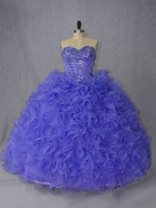 Fantastic Organza Sweetheart Sleeveless Brush Train Lace Up Beading Quince Ball Gowns in Lavender and Purple