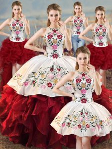 Glorious Sleeveless Floor Length Embroidery and Ruffles Lace Up 15 Quinceanera Dress with White And Red