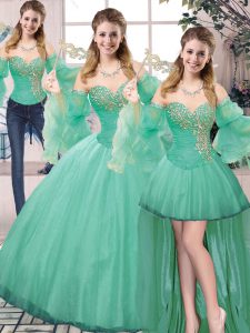 Cheap Turquoise Sleeveless Tulle Lace Up Quinceanera Gowns for Sweet 16 and Quinceanera