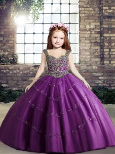 Purple Tulle Lace Up Straps Sleeveless Floor Length Kids Pageant Dress Beading